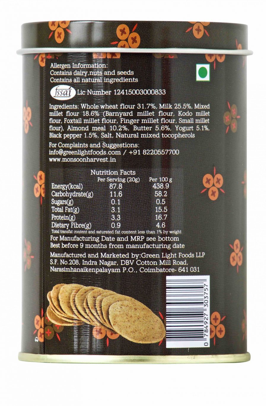 Monsoon Harvest Buttermilk & Millet Crackers - Cracked Black Pepper (100gm)
