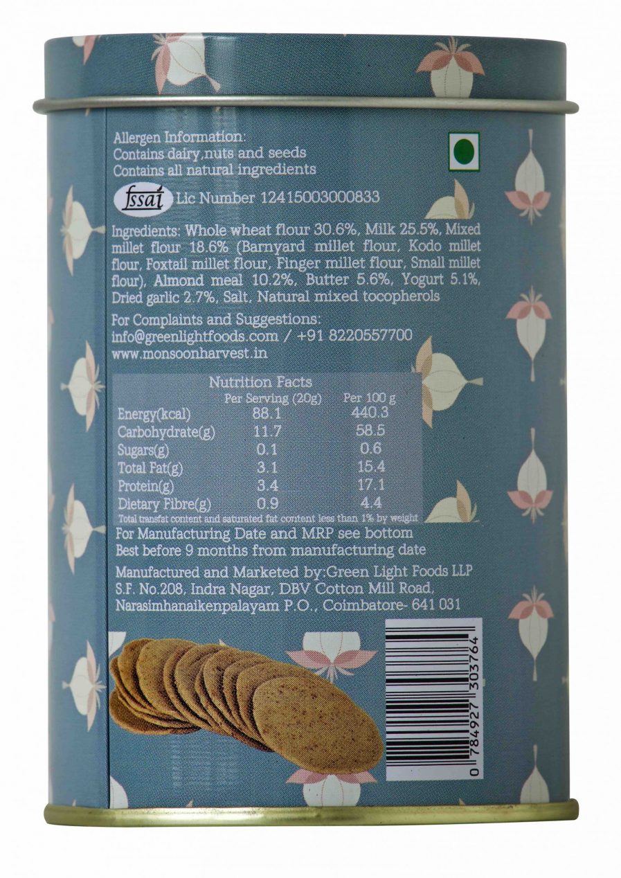 Monsoon Harvest Buttermilk & Millet Crackers - Roasted Garlic (100gm)