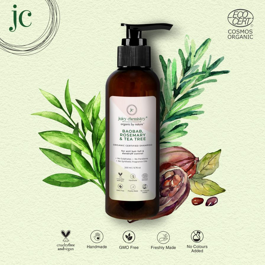 Juicy Chemistry Organic Baobab Rosemary & Tea Tree Shampoo For Anti Hair Fall & Dandruff Control (200ml)