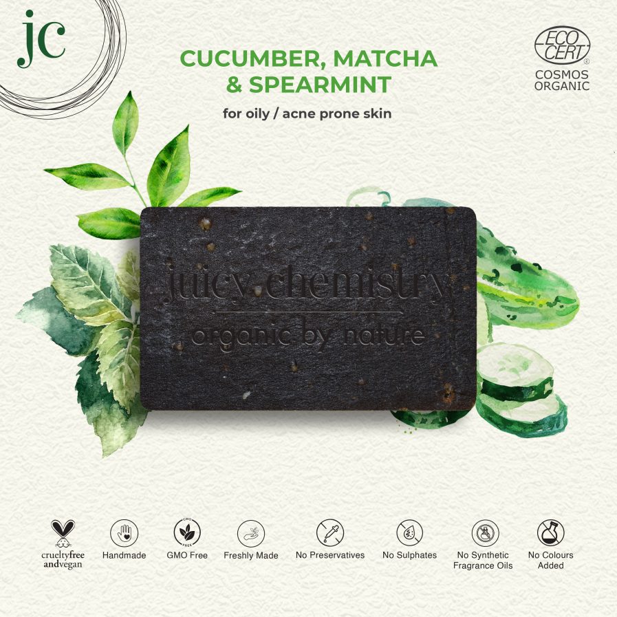 Juicy Chemistry - Organic Cucumber,Matcha & Spearmint Soap - For Oily & Acne Prone Skin (90gm)