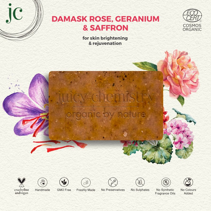 Juicy Chemistry - Organic Damask Rose , Geranium & Saffron Soap- For Skin Brightening & Rejuvenation (90gm)