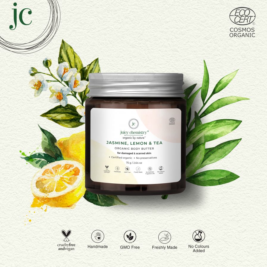 Juicy Chemistry - Organic Jasmine, Lemon & Tea Body Butter -For Damaged & Scarred Skin (75gm)