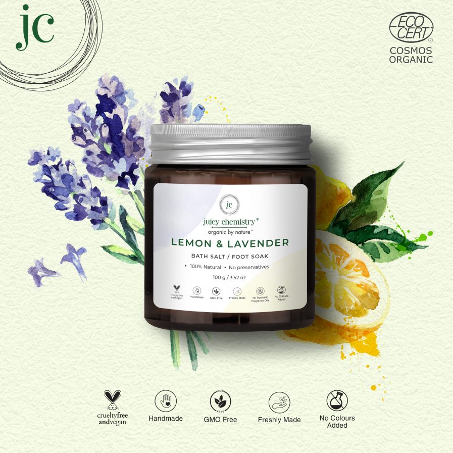 Juicy Chemistry - Organic Lemon & Lavender Bath Salt & Foot Soak- For Relaxation and Pain Relief (100gm)