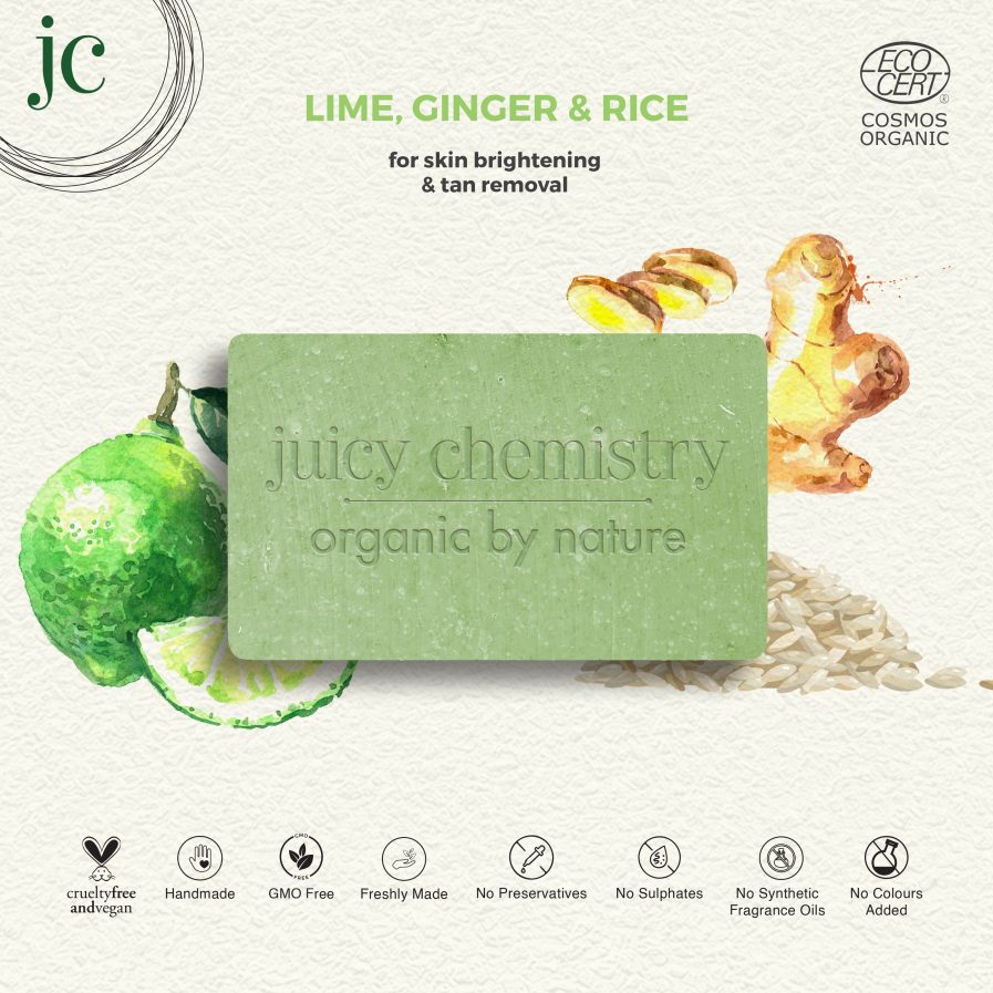 Juicy Chemistry - Organic Lime, Ginger & Rice Soap - For Skin Brightening & Tan Removal (90gm)