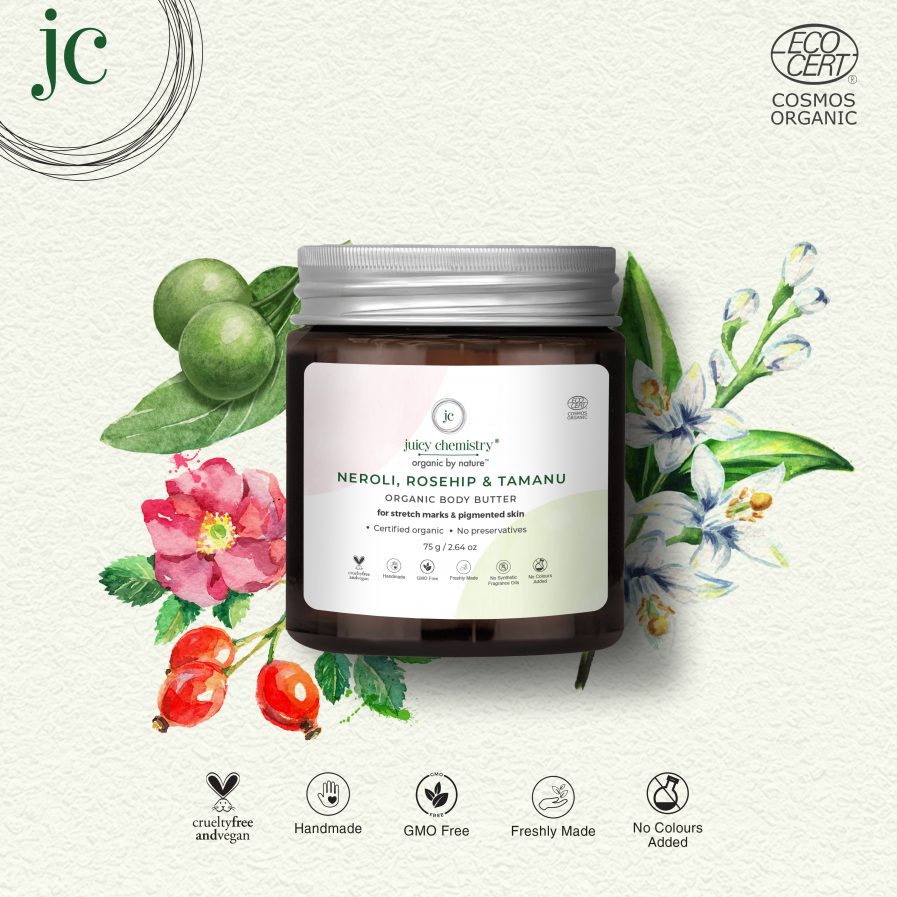 Juicy Chemistry - Organic Neroli,Rosehip & Tamanu Body Butter -For Reduces Stretch Marks & Skin Pigmentation (75gm)