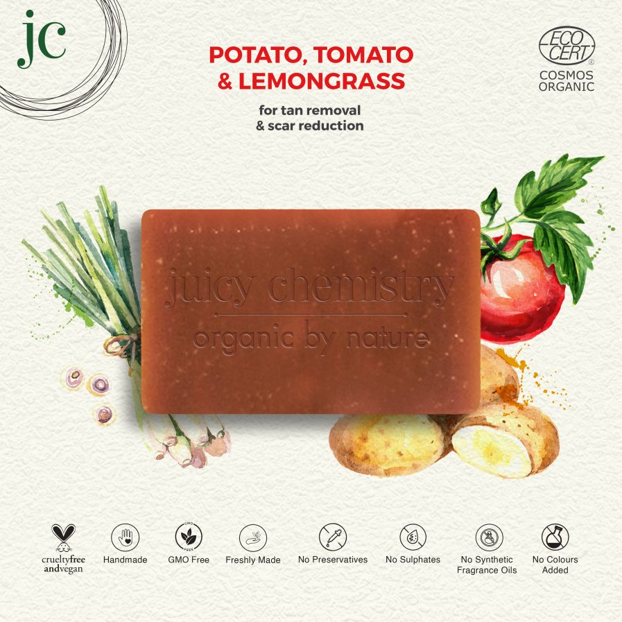 Juicy Chemistry - Organic Potato ,Tomato & Lemongrass Organic Soap - For Tan Removal & Scar Reduction (90gm)