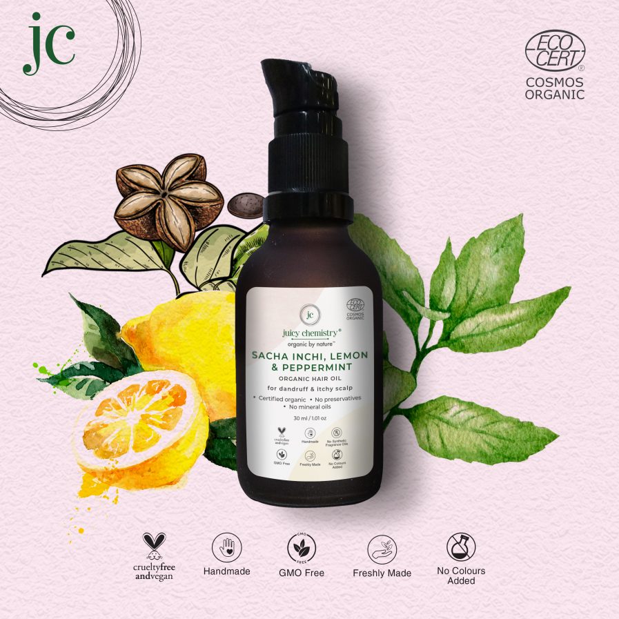Juicy Chemistry - Organic Sacha Inchi, Lemon & Peppermint Hair Oil -For Dandruff & itchy Scalp (30ml)