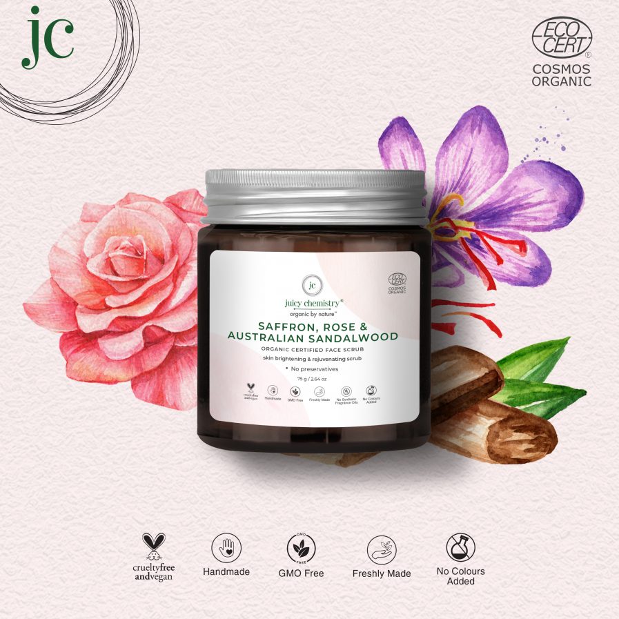 Juicy Chemistry - Organic Saffron, Rose & Australian Sandalwood-Organic Face Scrub -For Skin Brightening and Rejuvenating (75gm)