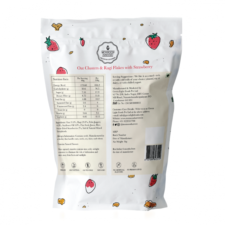 Monsoon Harvest Breakfast Cereal - Oat Clusters & Ragi Flakes With Strawberry (1KG)