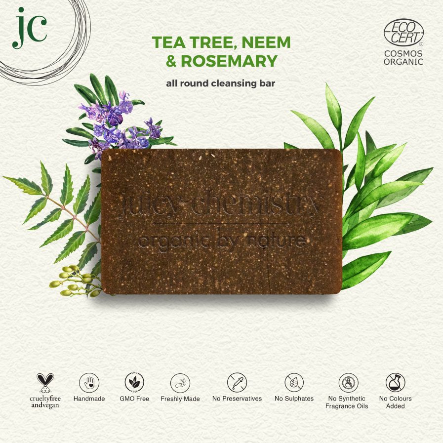 Juicy Chemistry - Organic Tea Tree , Neem & Rosemary Soap - For Anti Bacterial Hand & Body Bar (90gm)