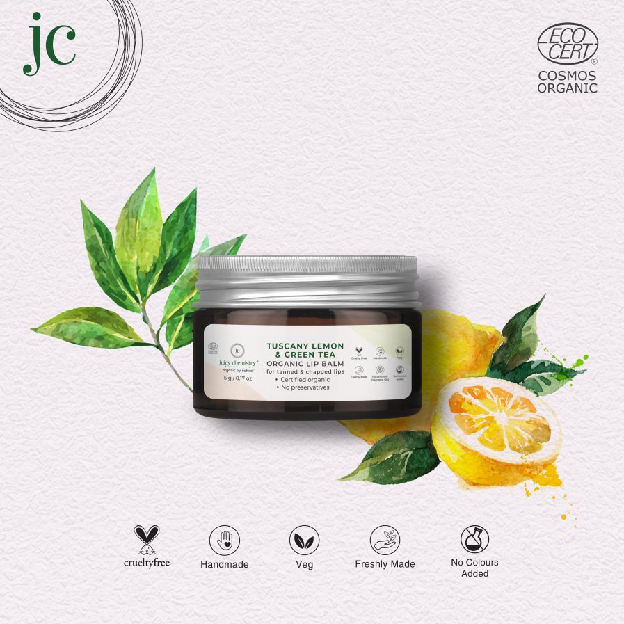 Juicy Chemistry - Organic Tuscany Lemon & Green Tea Lip Balm -For Tanned & Chapped lips (5gm)