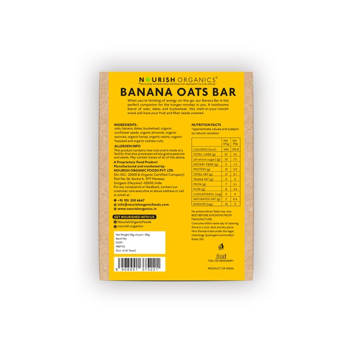 Nourish Organics – Banana Oats Bar (Pack of 6) (180gm)