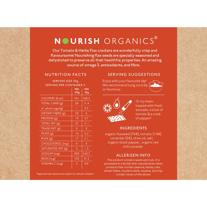 Nourish Organics – Tomato & Herbs Flax Crackers (90gm)