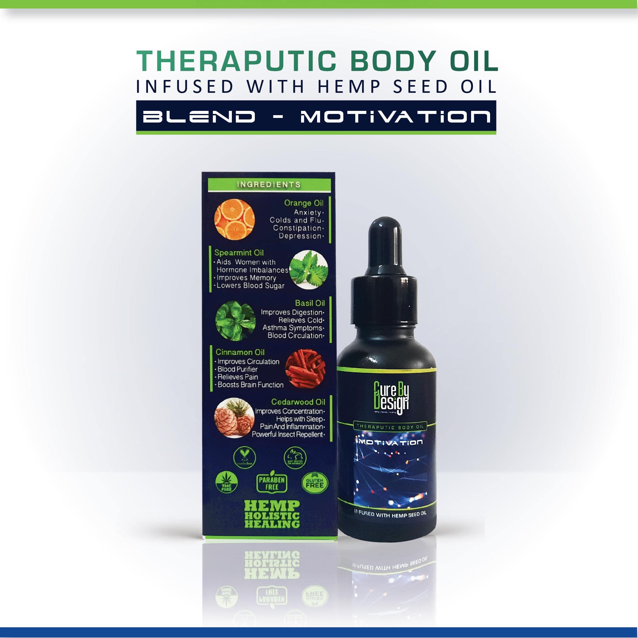 Cure By Design Theraputic Body Oil Infused with Hemp Seed Oil for Motivation
