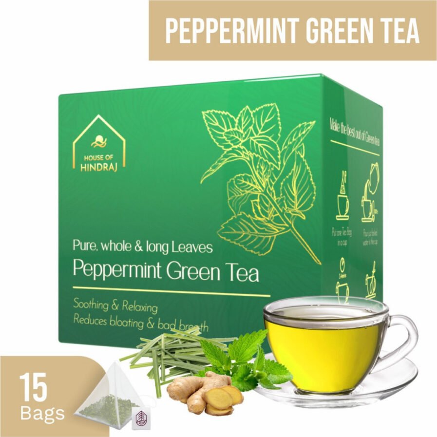 HINDRAJ Herbal Peppermint Green Tea Bags - (1 box of 15 sachets)