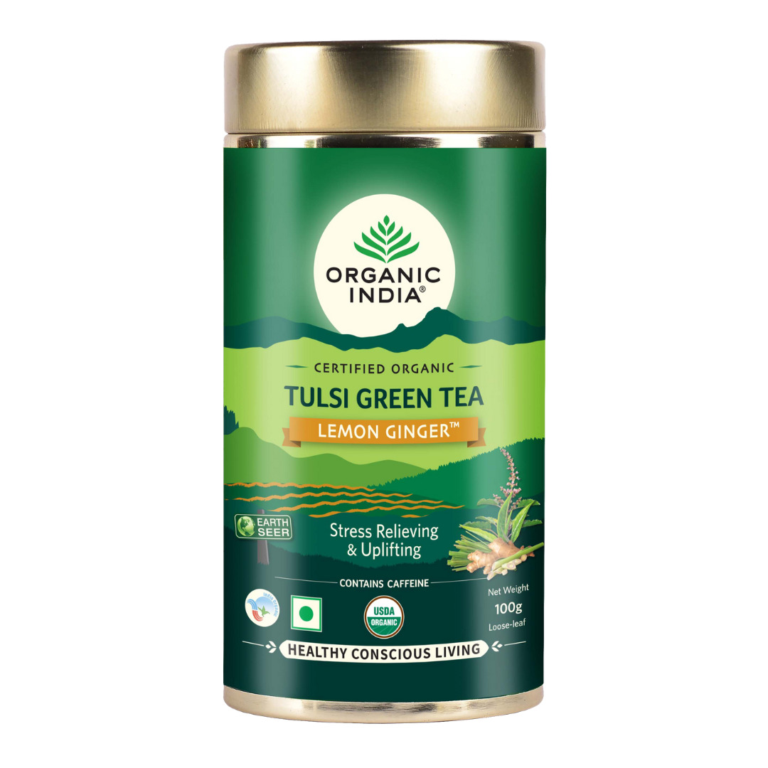 Organic India – Tulsi Green Tea Lemon Ginger 100 gm Tin